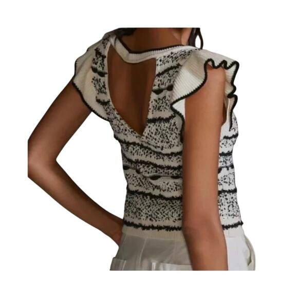 Anthropologie cream black sweater tank ruffle sleeves keyhole back SZ XL P - Picture 2 of 9